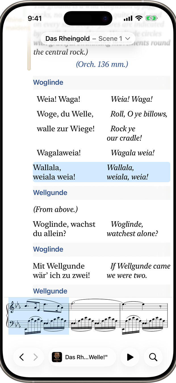The libretto in German and English, in sync with the music, above the piano score.