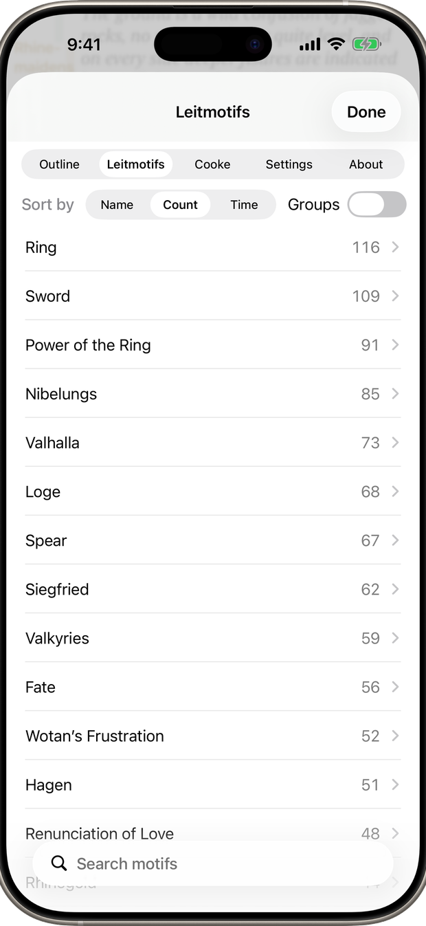 The leitmotif browser, listing motifs by category.