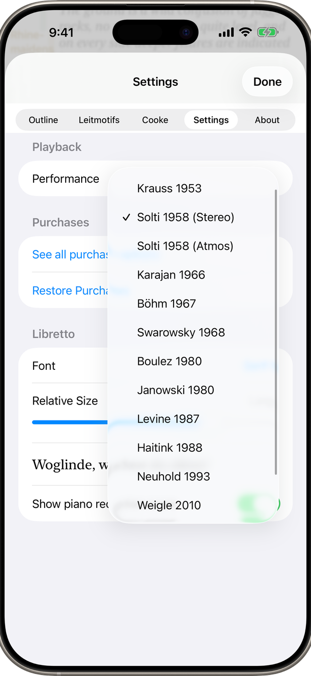 Settings, with the recording picker and libretto typography controls.